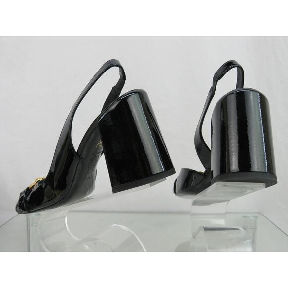 NIB VERSACE BLACK PATENT LEATHER GOLD MEDUSA LOGO SANDALS HEEL PUMPS 39 9 - Picture 8 of 12